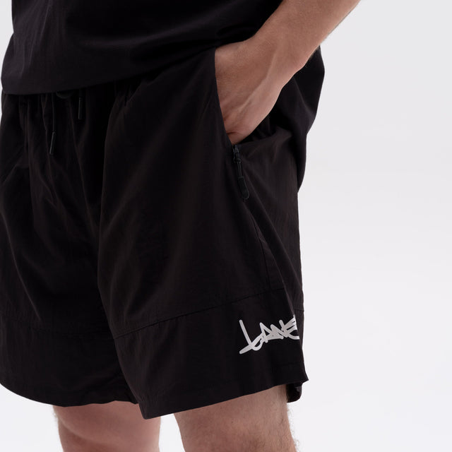 BLACK NYLON TRACK SHORTS