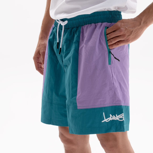PURPLE/GREEN NYLON TRACK SHORTS
